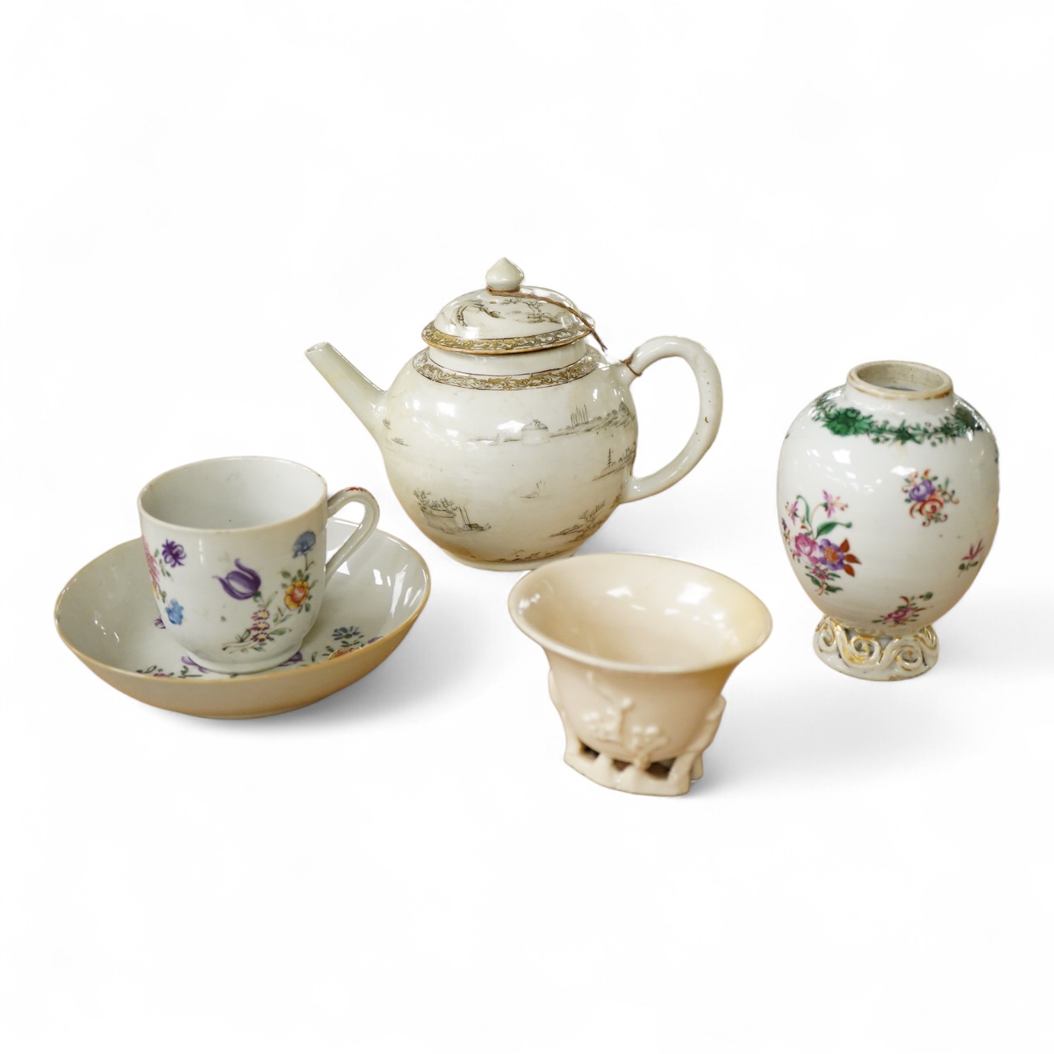 18th century Chinese porcelain tea wares - a grisaille decorated teapot and cover - 13cm high, a famille rose tea caddy, cup and saucer and a Kangxi blanc de chine libation cup
